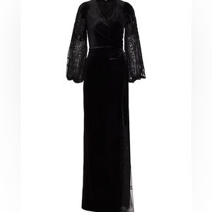 Teri Jon by Rickie Freeman's velvet stunning wrap-effect a lace balloon sleeves